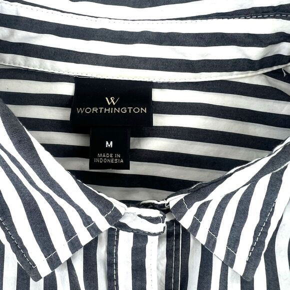Worthington Blak White Striped Button Down Shirt Womens Size M - Picture 4 of 10